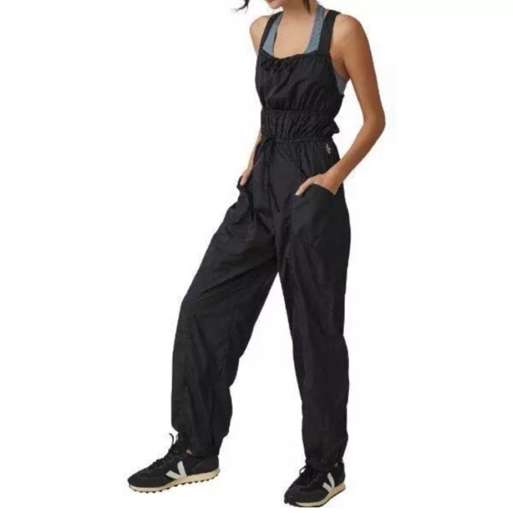 Free People Tropic Sport Small Black Jumpsuit Overalls parachute 90's y2K sporty